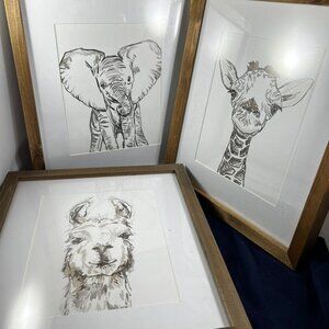 Set Of 3 Framed Animal Prints - Giraffe Alpaca & Elephant - Hobby Lobby - Wooden